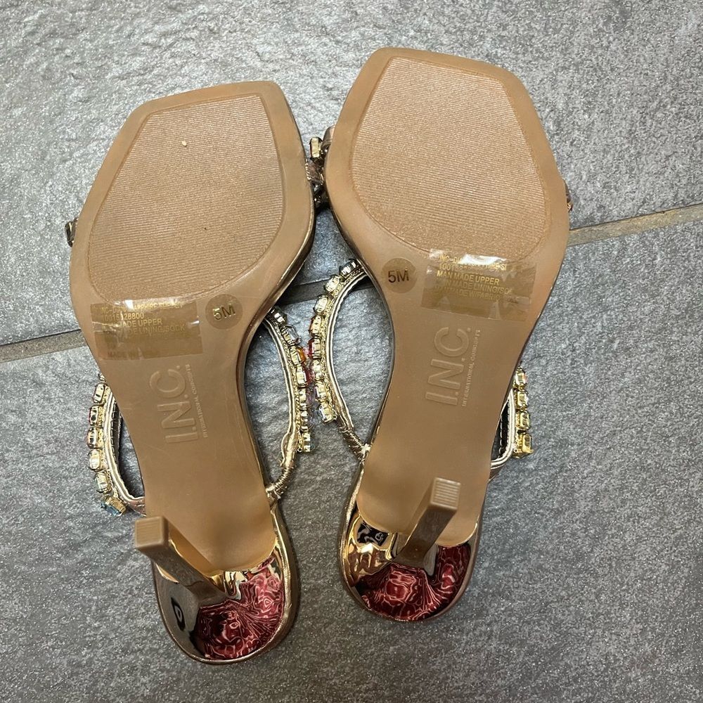 INC Diana Slip On Sandal Gold Multicolor Bling Stiletto Heels SZ 5 Square Toe - Picture 5 of 8